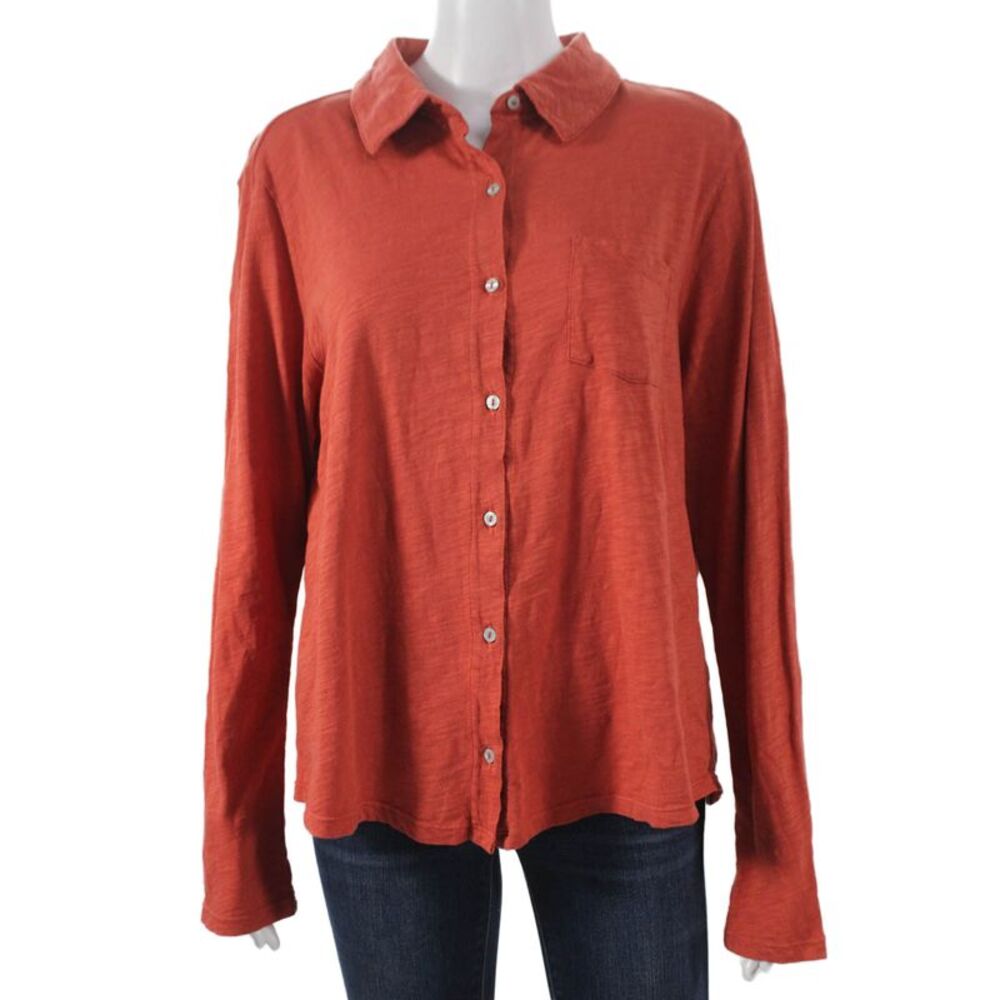 Elliott Lauren Womens Collared Button Up Cotton Long Sleeve Orange Size XL